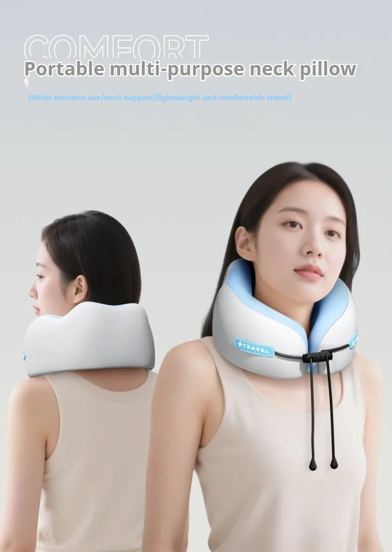 Portable multi-purpose neck pillow being worn by a woman on a light gray background