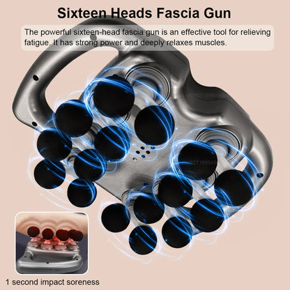 Fascia gun with sixteen heads on a beige background, featuring text about its effectiveness.