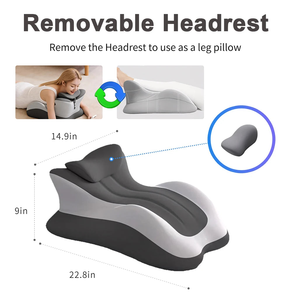 Inflatable leg pillow with removable headrest, showing dimensions and usage instructions.