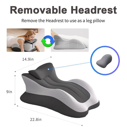 Inflatable leg pillow with removable headrest, showing dimensions and usage instructions.