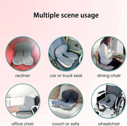 Various usage scenarios of a gray cushion on different types of chairs and a person using a laptop.