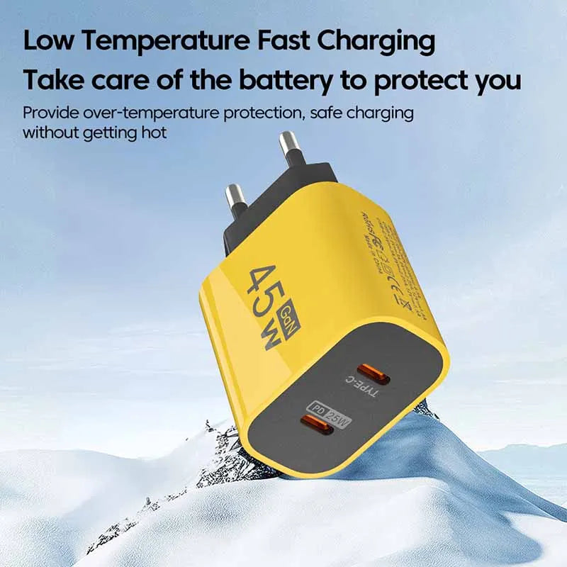 45W USB-C charger for Samsung S23 with dual-port design