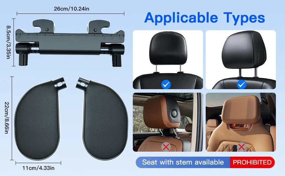 Car headrest mount with dimensions and compatibility shown on a blue background