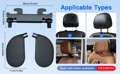 Car headrest mount with dimensions and compatibility shown on a blue background