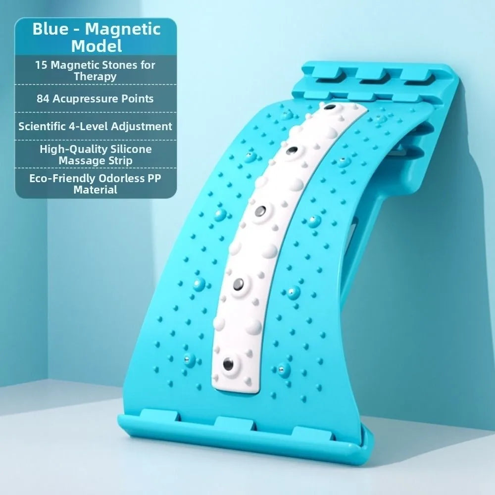A blue magnetic massage strip with a white central cushioned strip, shown standing upright against a light blue wall. A text box on the left lists features such as 15 magnetic stones, 84 acupressure points, scientific 4-level adjustment, high-quality silicone massage strip, and eco-friendly odorless PP material.