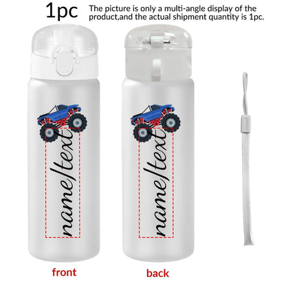 Two clear water bottles with a blue truck design and text space on a white background.