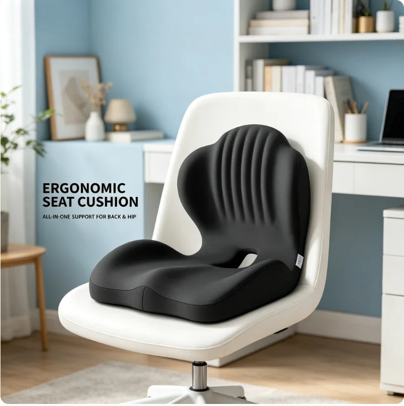 A black ergonomic seat cushion with ribbed back support is shown installed on a white office chair in a modern home office setting with a blue wall and desk in the background.