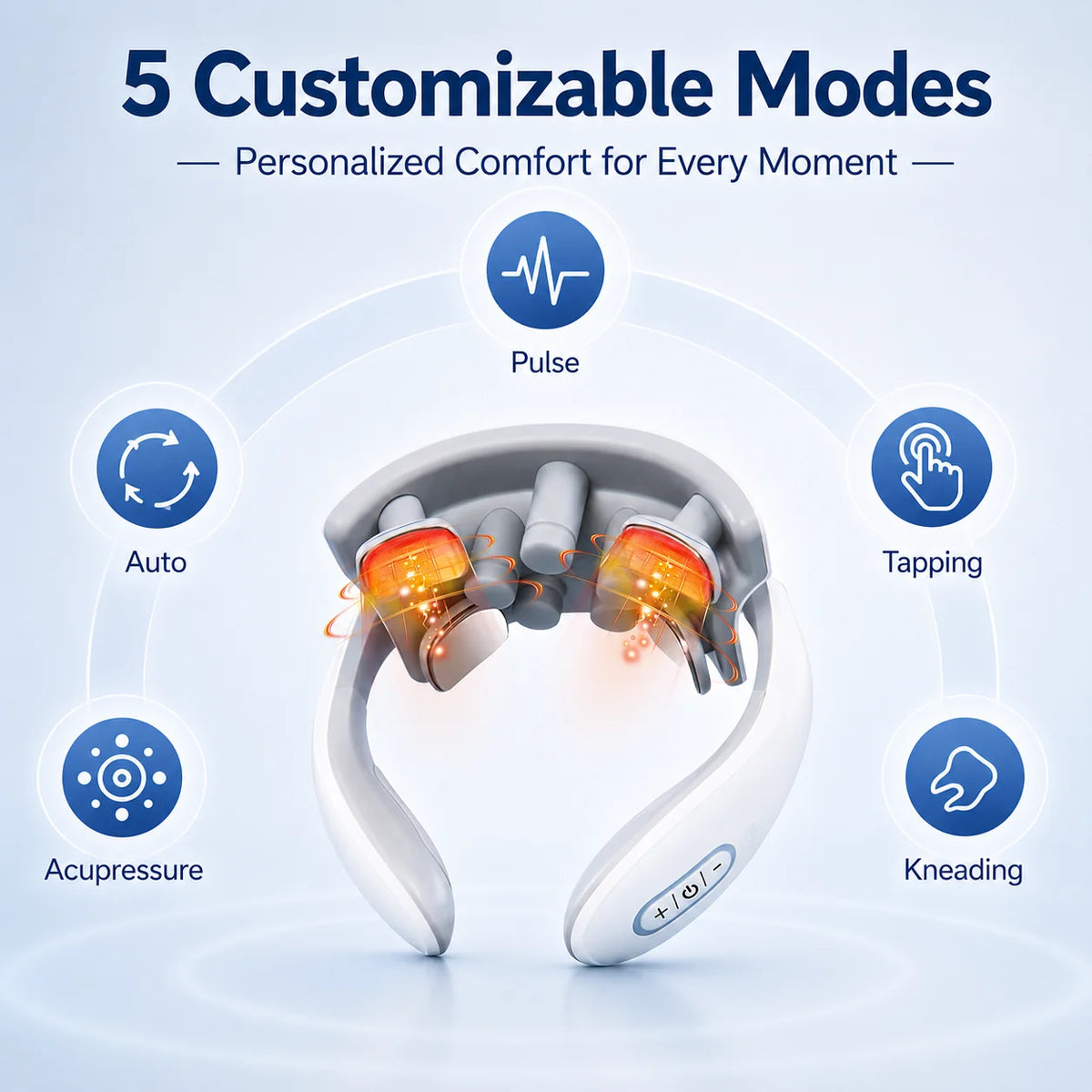 Neck massager with five customizable modes on a light blue background