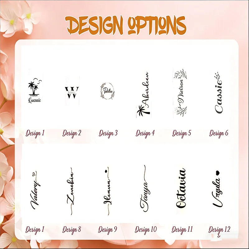A digital graphic displaying twelve different elegant cursive name script designs under the heading 'DESIGN OPTIONS'. The designs are arranged in two columns on a white rounded rectangle card, set against a soft pink floral background.