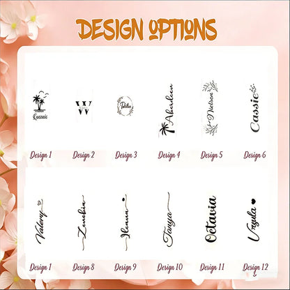 A digital graphic displaying twelve different elegant cursive name script designs under the heading 'DESIGN OPTIONS'. The designs are arranged in two columns on a white rounded rectangle card, set against a soft pink floral background.