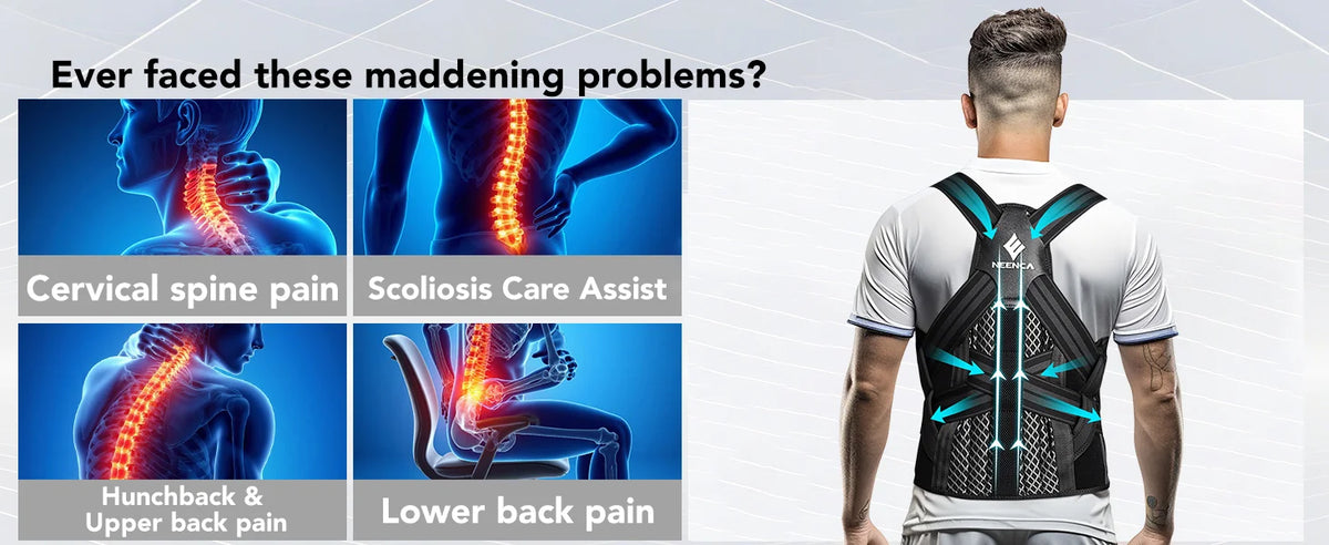 Back pain relief device with images of people experiencing back pain and text about common issues.