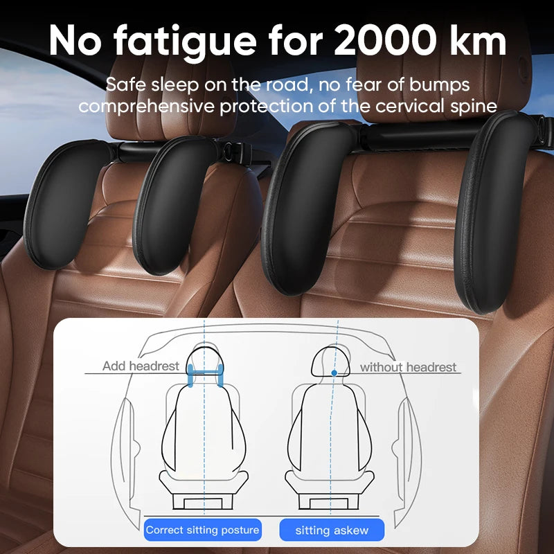 Car headrest with neck pillow and diagram showing its benefits on a car interior background.