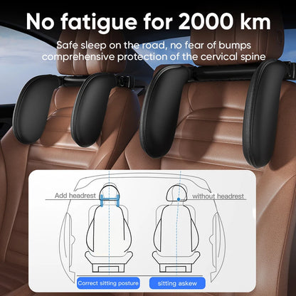 Car headrest with neck pillow and diagram showing its benefits on a car interior background.
