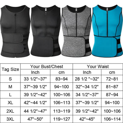 Four vests in black, gray, and blue with a size chart below.