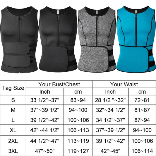 Four vests in black, gray, and blue with a size chart below.