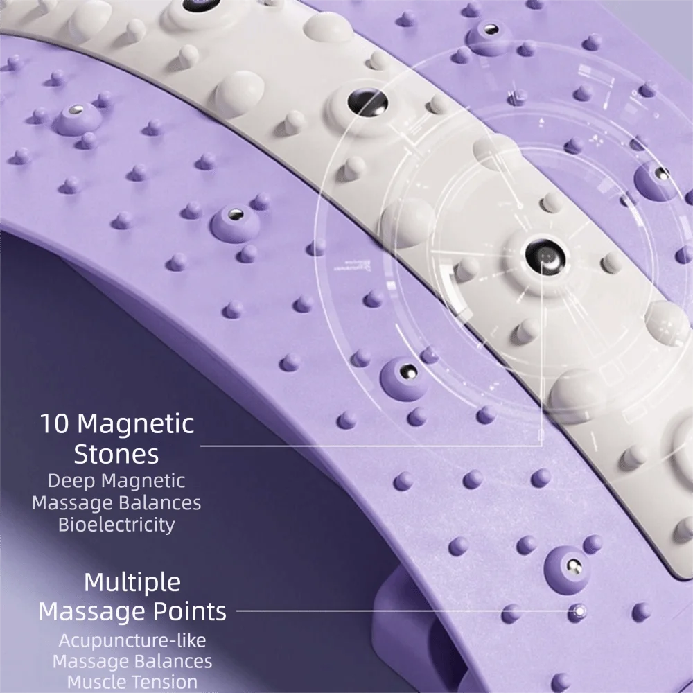 Close-up of a purple and white curved massage device with text overlays highlighting 10 magnetic stones and multiple massage points.
