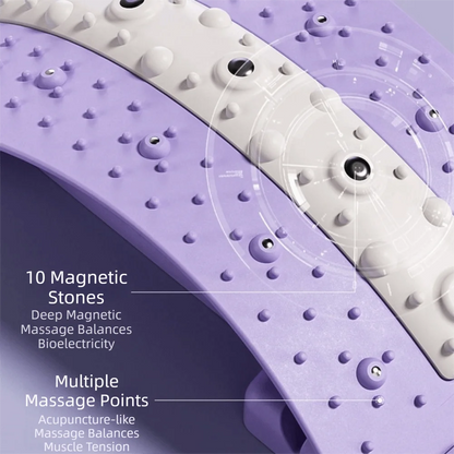 Close-up of a purple and white curved massage device with text overlays highlighting 10 magnetic stones and multiple massage points.