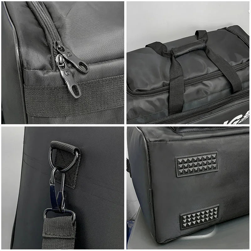 Collage of a gray duffel bag with various features including zippers, straps, and a brand logo.