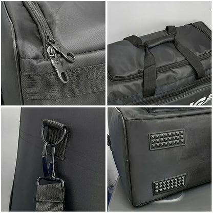 Collage of a gray duffel bag with various features including zippers, straps, and a brand logo.