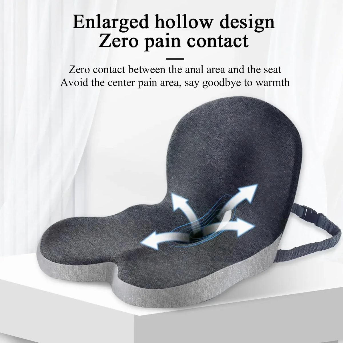 Gray cushion with text explaining its design and benefits on a white background