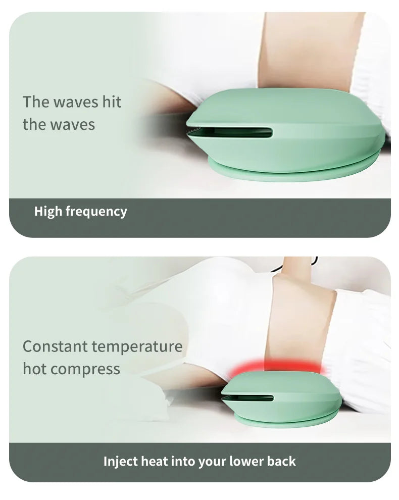 Green back massager device being used on a person's lower back with text describing its features.