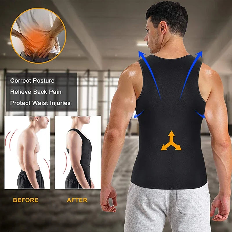Man wearing a black back support brace with text on correct posture and pain relief.