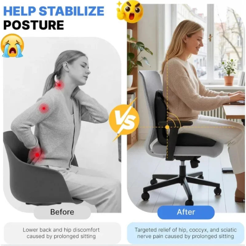 Comparison of a person with discomfort before using an office chair and relief after using it.