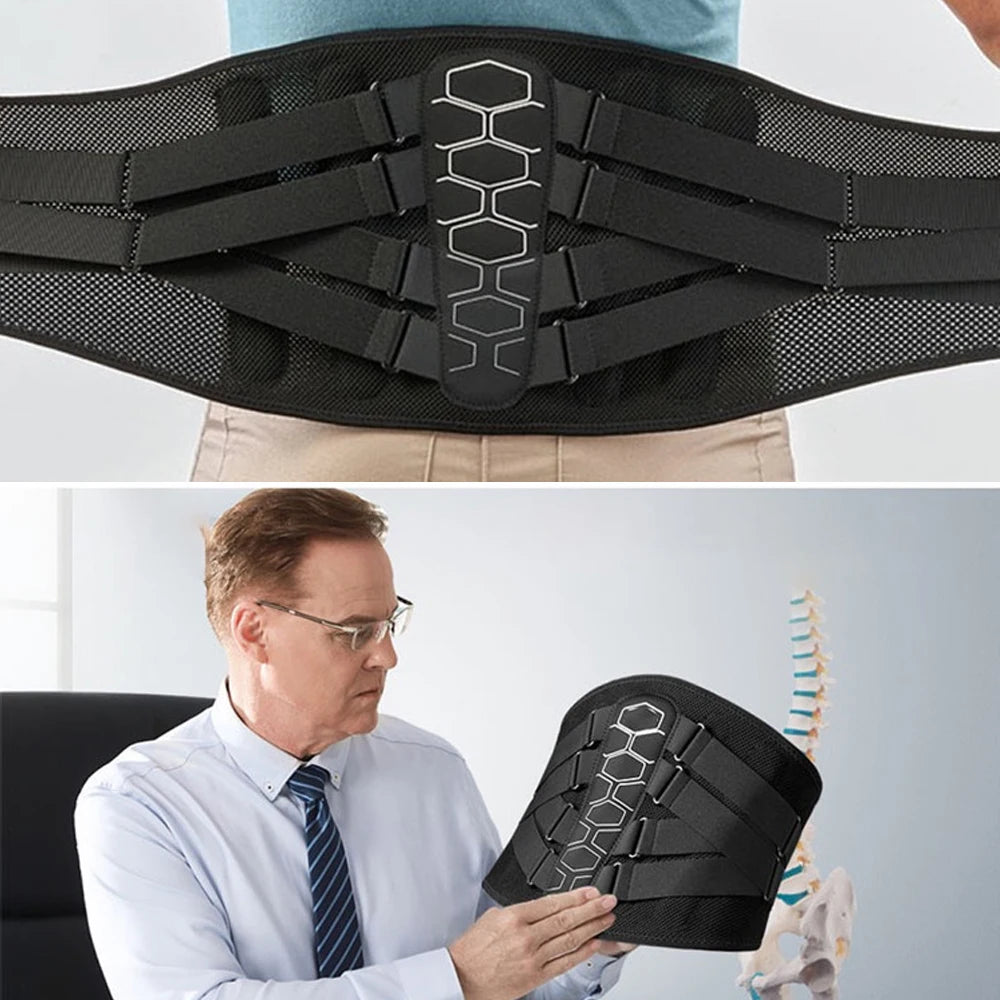 Black back support belt with hexagonal pattern worn by a person, and another person holding the belt with a spine model in the background.