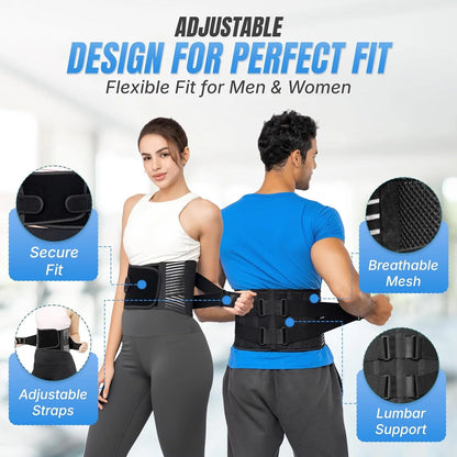 Two people wearing back support belts with features highlighted on a white background