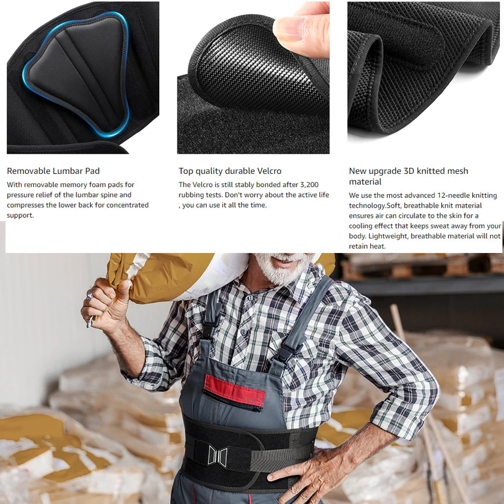 Belt with features highlighted and a person wearing it in an indoor setting.