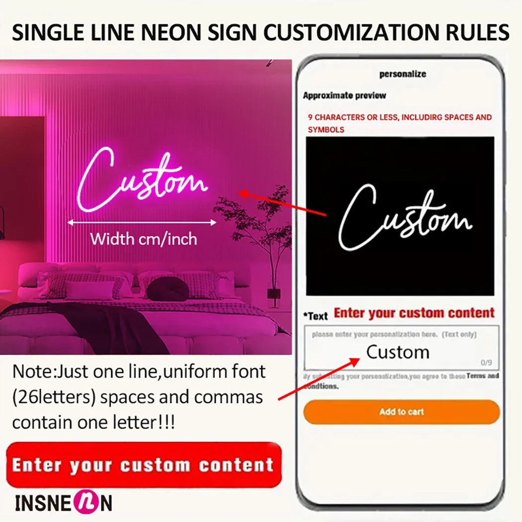 Neon sign customization guide with smartphone app interface and pink neon sign.