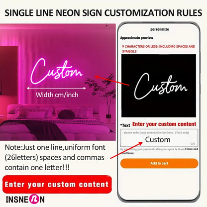 Neon sign customization guide with smartphone app interface and pink neon sign.