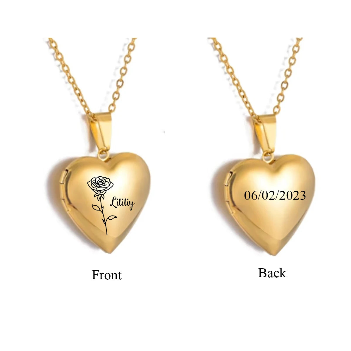 A gold heart-shaped locket necklace shown from both sides on a white background. The left side, labeled Front, shows a rose engraving and the name 'Lity'.