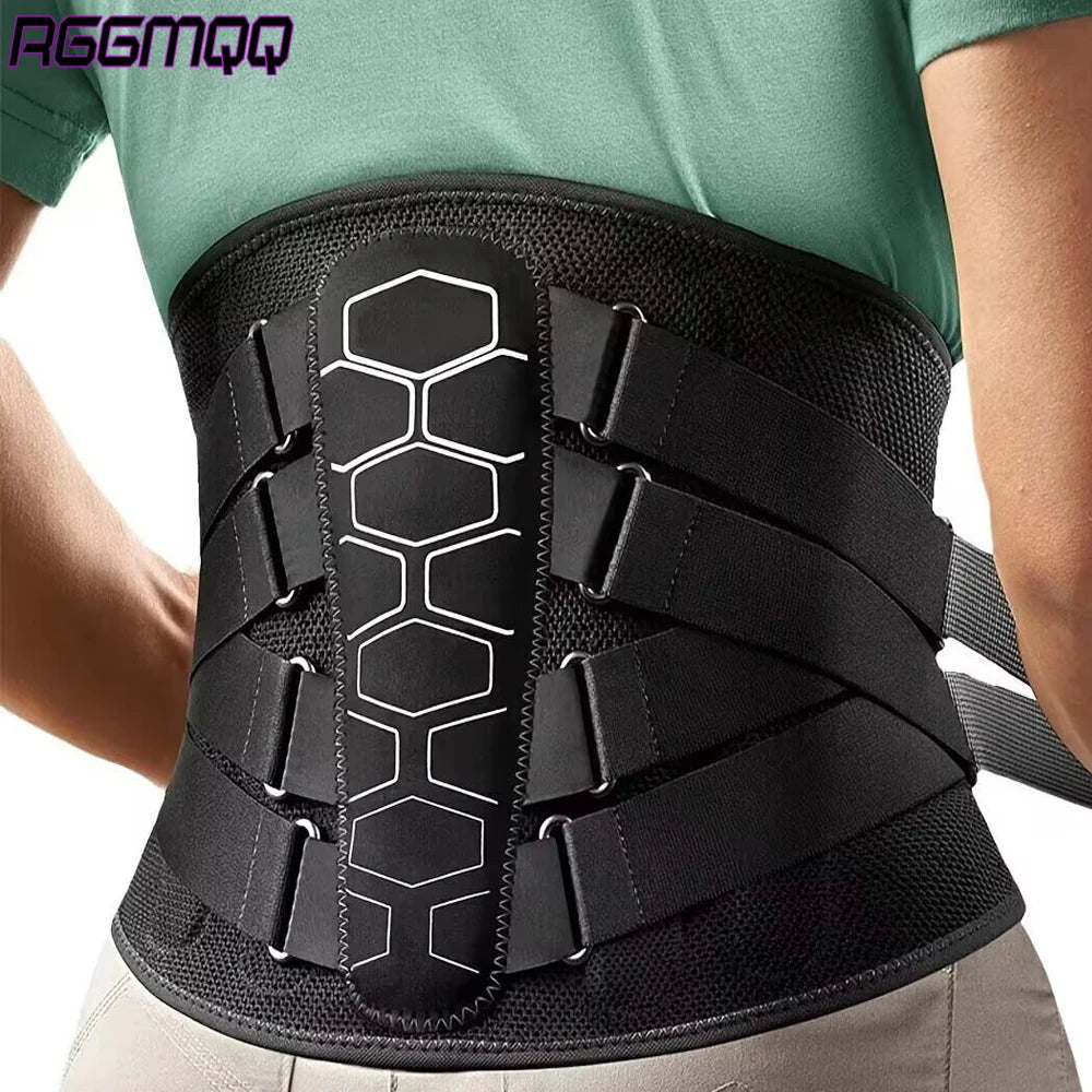 A black lumbar support belt worn by a person, shown from the back. The belt features a central honeycomb-patterned panel with white line details and multiple adjustable straps with metal buckles.