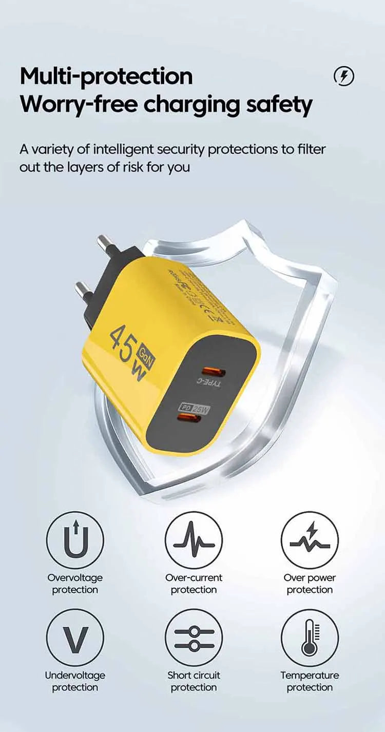 45W USB-C charger for Samsung S23 with dual-port design