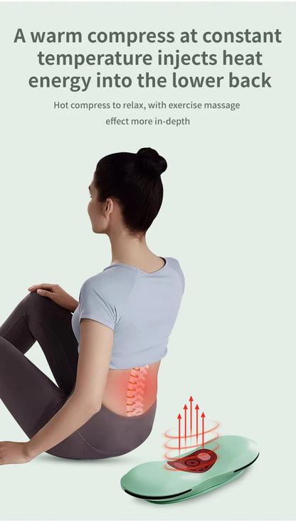Woman receiving a heat energy treatment on her lower back with text explaining the process.