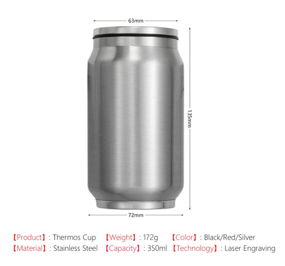 A stainless steel can-shaped thermos cup centered on a white background, with dimension labels showing 63mm at the top, 135mm height, and 72mm at the bottom. Red text below lists product details: thermos cup, stainless steel, 172g, 350ml capacity, and color options including black, red, and silver.