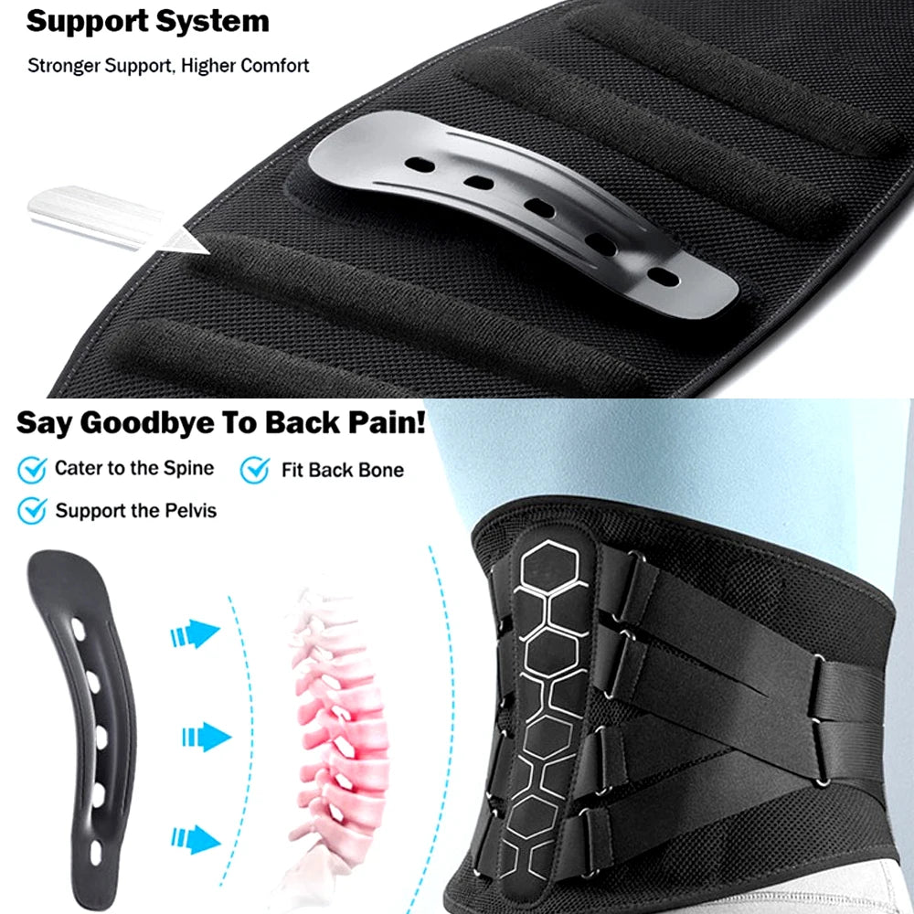 Black back support belt with support system features and text on a white background