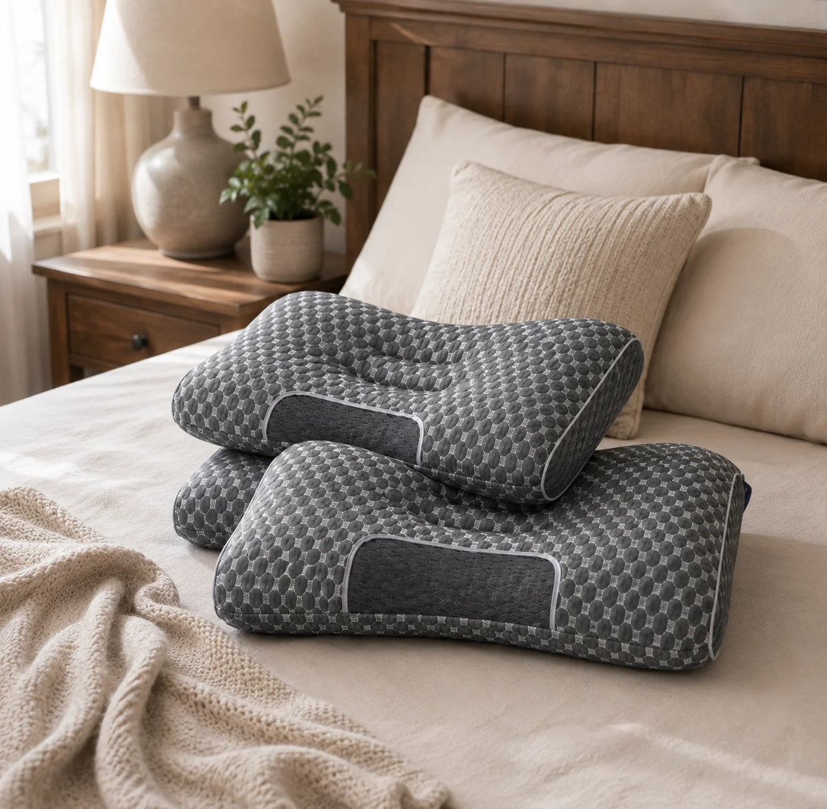 Two gray patterned memory foam pillows stacked on a beige bed with a wooden headboard, bedside lamp, and plant.