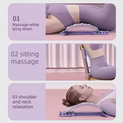 Three-panel instructional graphic showing a purple arched massage pillow being used for back massage while lying down, sitting massage, and neck/shoulder relaxation. Text labels read '01 Massage while lying down', '02 sitting massage', and '03 shoulder and neck relaxation'.