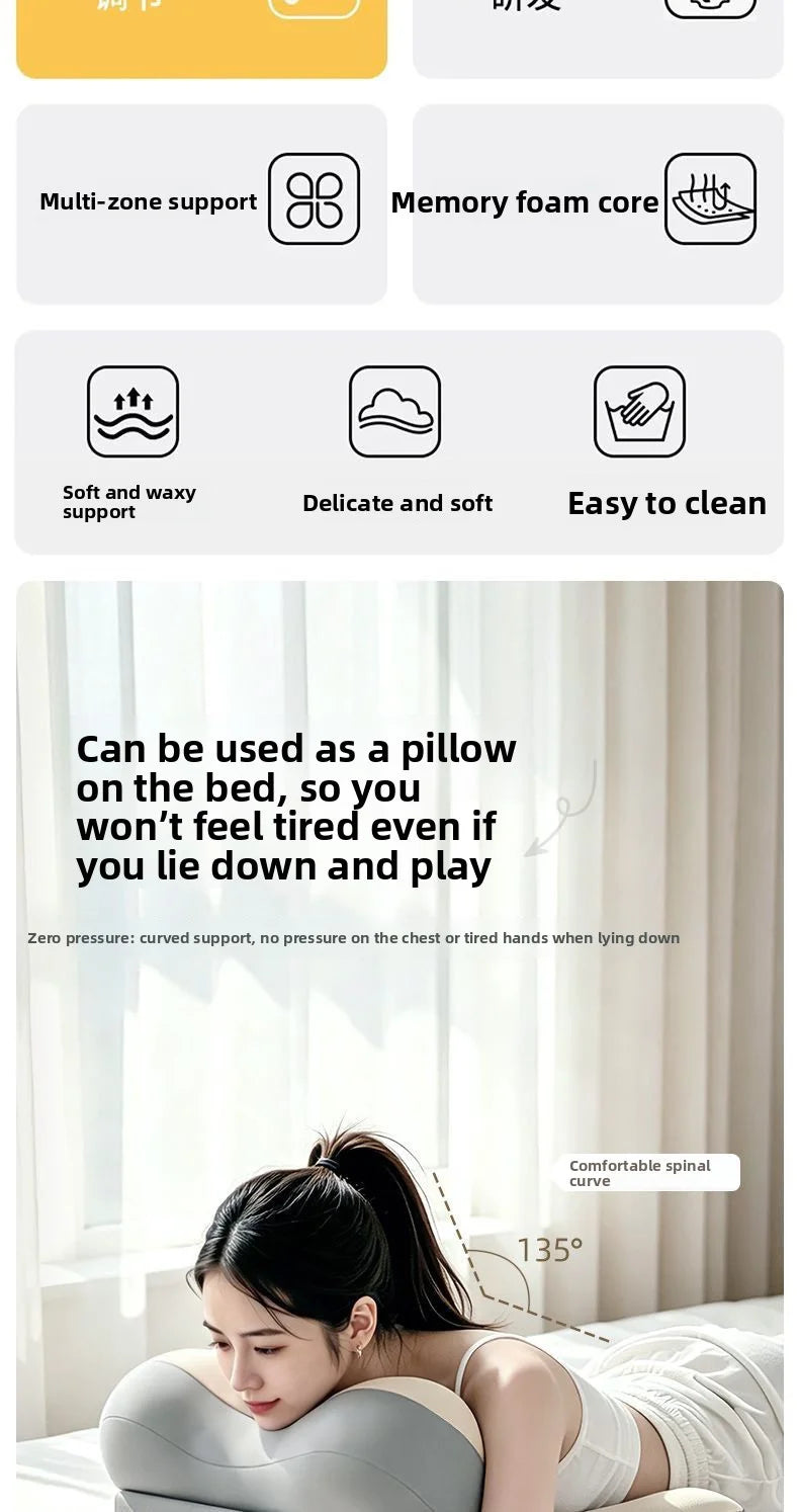 A promotional infographic for a memory foam pillow. The top section features icons and text highlighting features like multi-zone support, a memory foam core, soft and wavy support, delicate softness, and ease of cleaning.