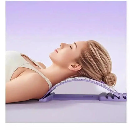 A woman lying down with her head resting on a purple cervical support pillow, shown against a soft lavender gradient background.
