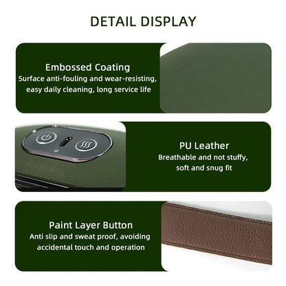 Product detail display with embossed coating, PU leather, and paint layer button features.
