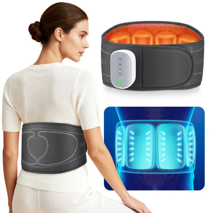 Woman wearing a black heating pad on her back with close-up inset showing heating elements.
