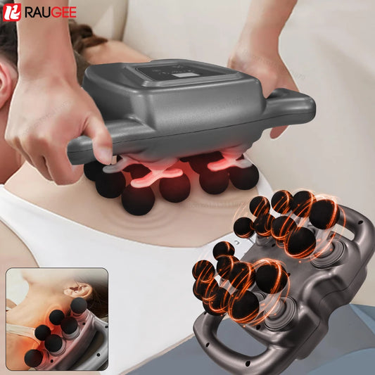 Person using a RAUGEE massage device on their back with close-up details.