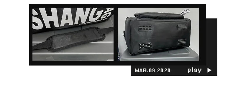A black rectangular bag or case with a top handle and vent-like side details, shown in two inset views on a dark background. One view shows the item laid flat against a gray surface with a black strap attached, and the other shows the bag upright on a gray platform.