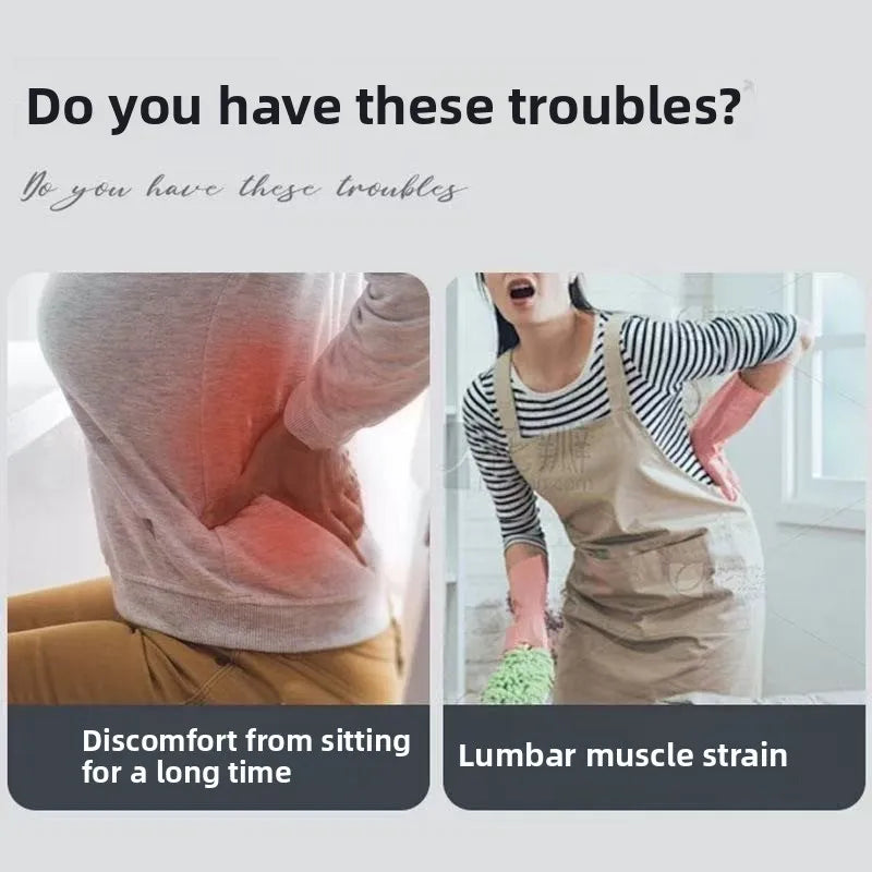 Promotional graphic with the headline 'Do you have these troubles?' showing two lifestyle panels: a person sitting with a red discomfort overlay on the lower back, and a woman in a striped shirt and beige apron holding a green scrubber while leaning on her lumbar area. Text at the bottom reads 'Discomfort from sitting for a long time' and 'Lumbar muscle strain.
