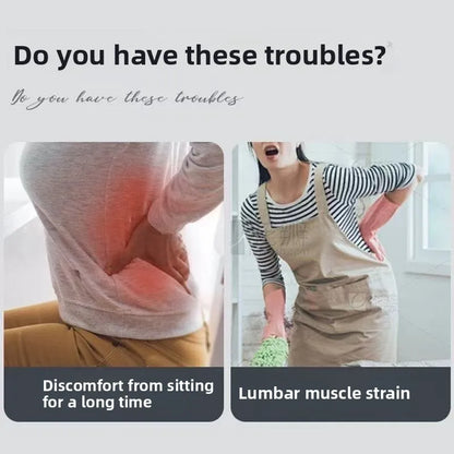 Promotional graphic with the headline 'Do you have these troubles?' showing two lifestyle panels: a person sitting with a red discomfort overlay on the lower back, and a woman in a striped shirt and beige apron holding a green scrubber while leaning on her lumbar area. Text at the bottom reads 'Discomfort from sitting for a long time' and 'Lumbar muscle strain.