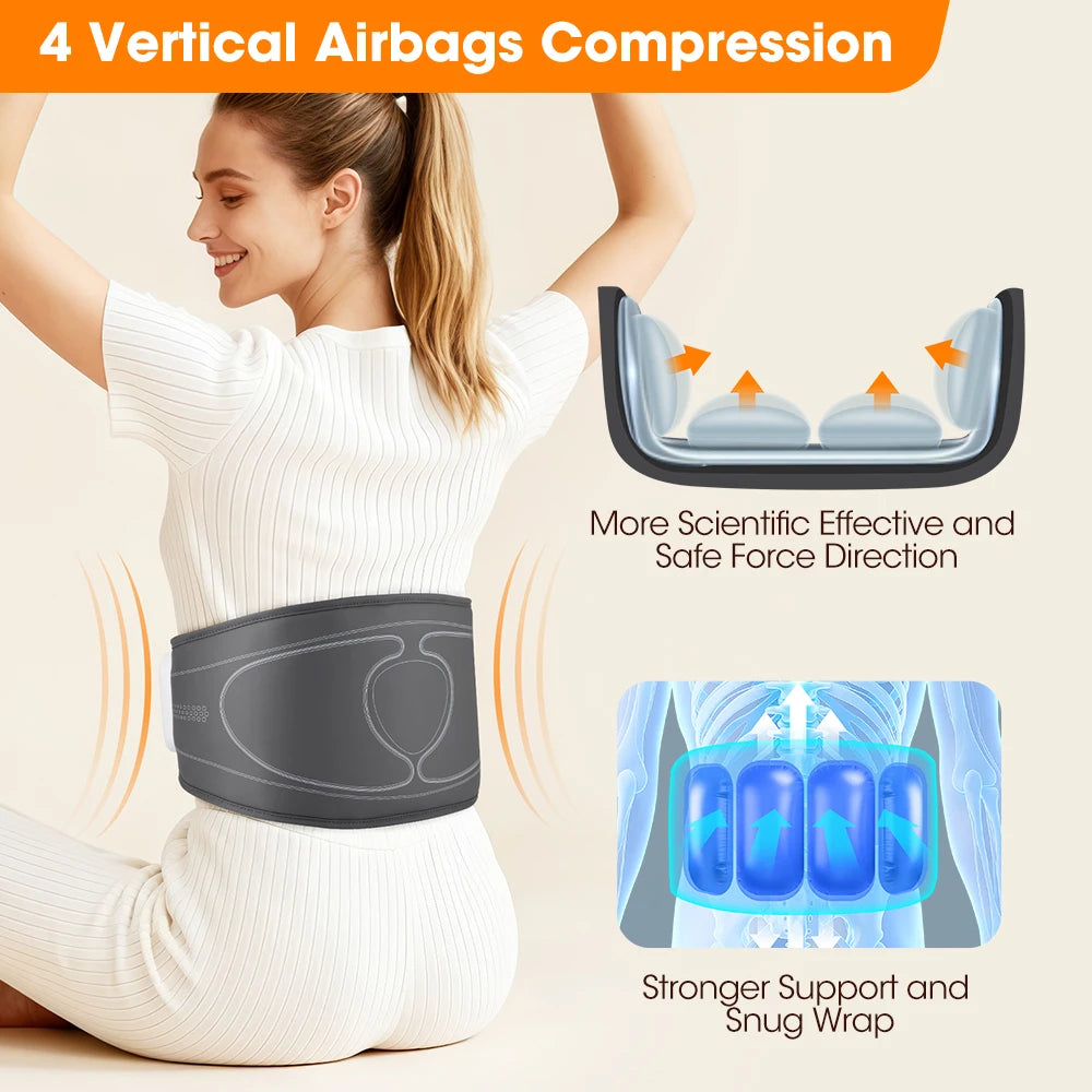 A woman wearing a dark gray waist compression belt is shown from the back, with text and inset diagrams explaining '4 Vertical Airbags Compression,' including a cross-section of the belt and blue airbag-style support visualization.