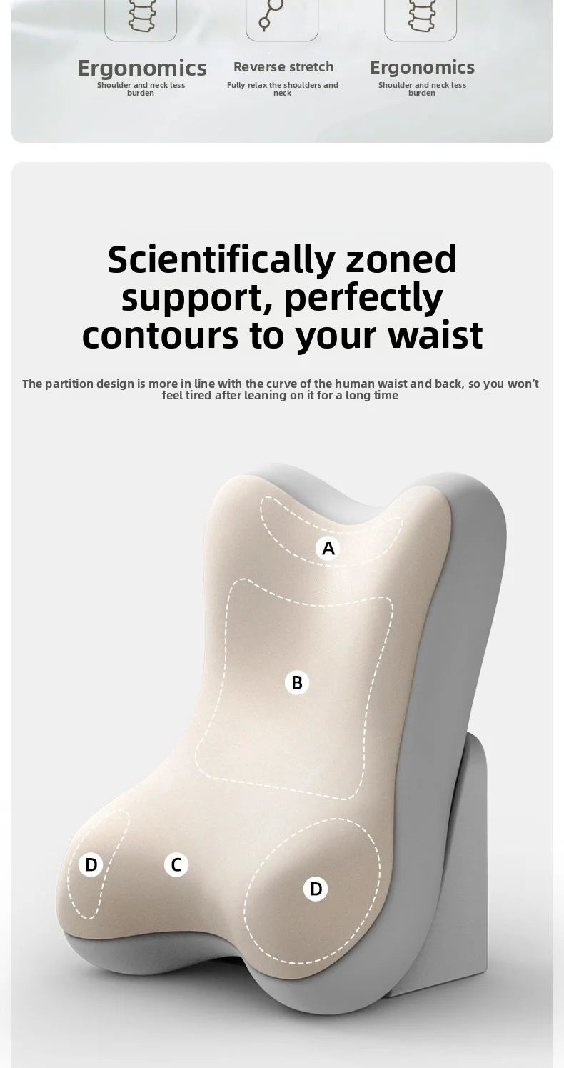 An ergonomic lumbar support pillow shown on a light gray background with labeled zones A, B, C, and D to illustrate contour support for the waist.